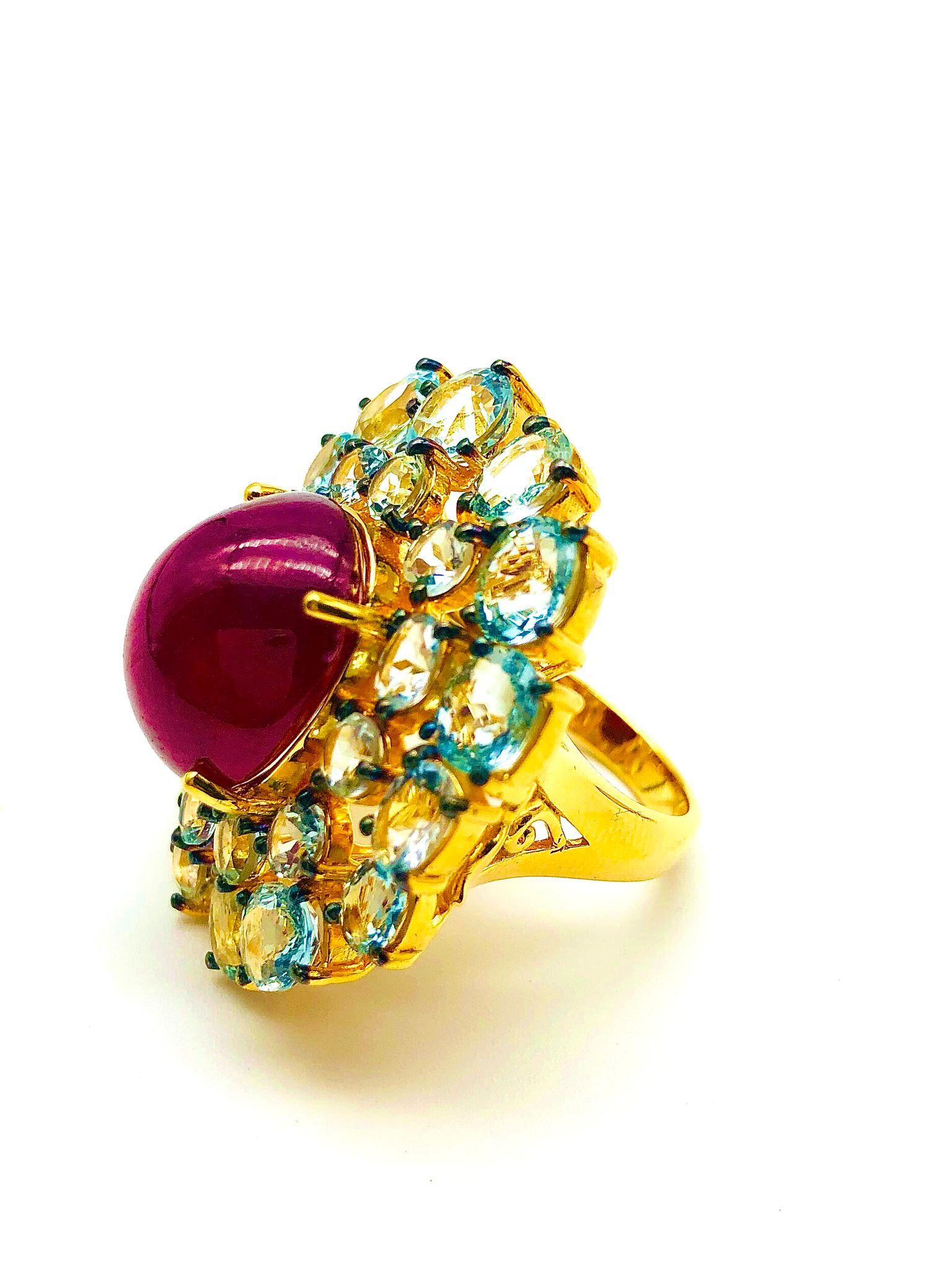 Bochic “Orient” Natural Ruby & Aquamarine Ring Set In 18K Gold & Silver For Sale 2