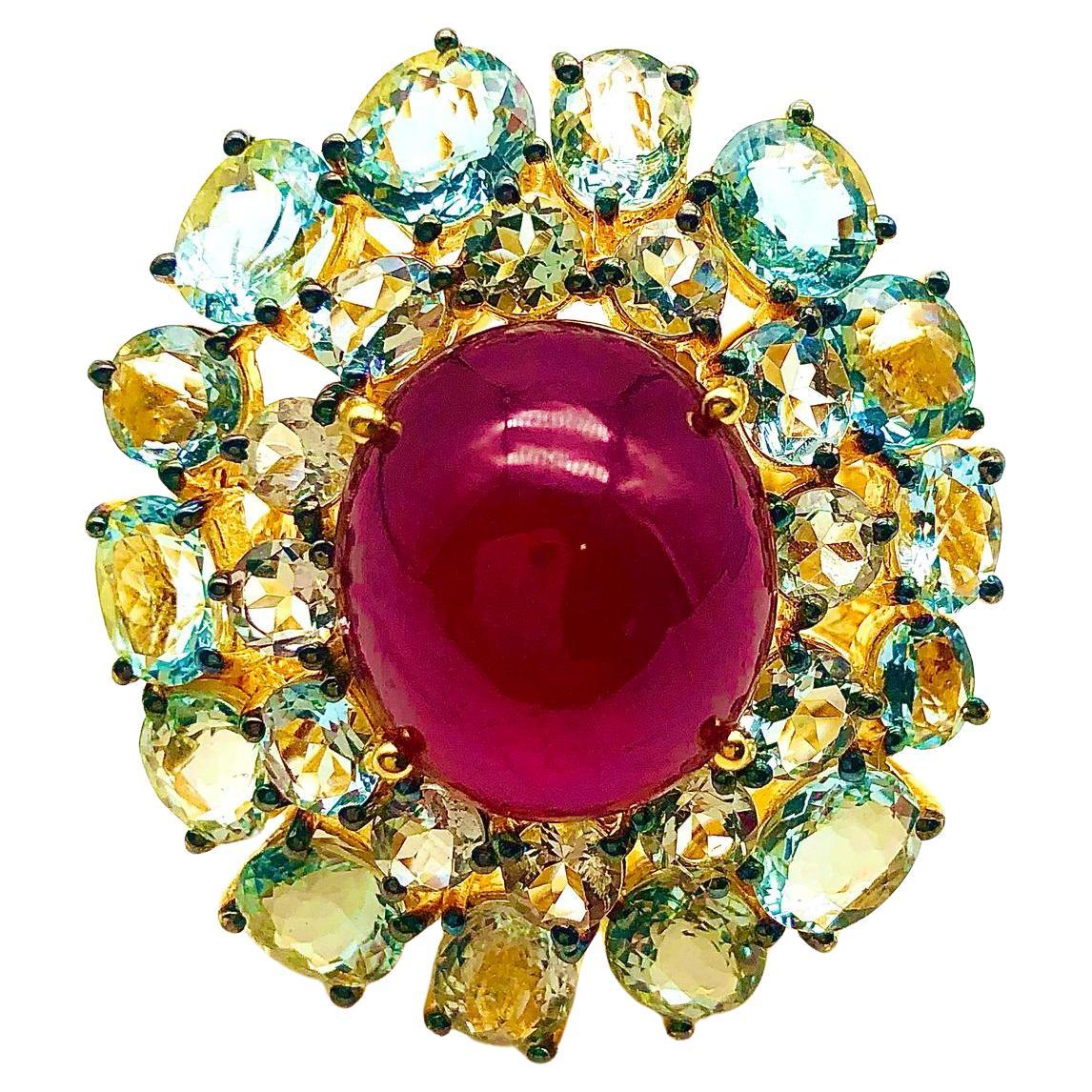 Bochic “Orient” Natural Ruby & Aquamarine Ring Set In 18K Gold & Silver For Sale