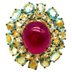 Bague Bochic Orient en or et argent 18 carats, rubis naturel et aigue-marine