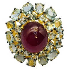 Bague Bochic Orient en or massif 18 carats, rubis naturel et aigue-marine