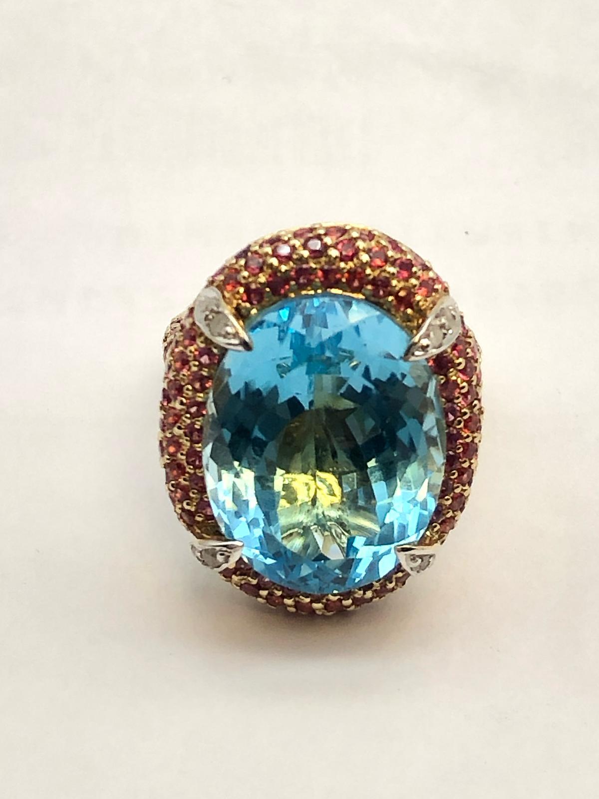 Bochic “Orient” Natural Ruby & Blue Topaz Ring Set In 18K Gold & Silver For Sale 1