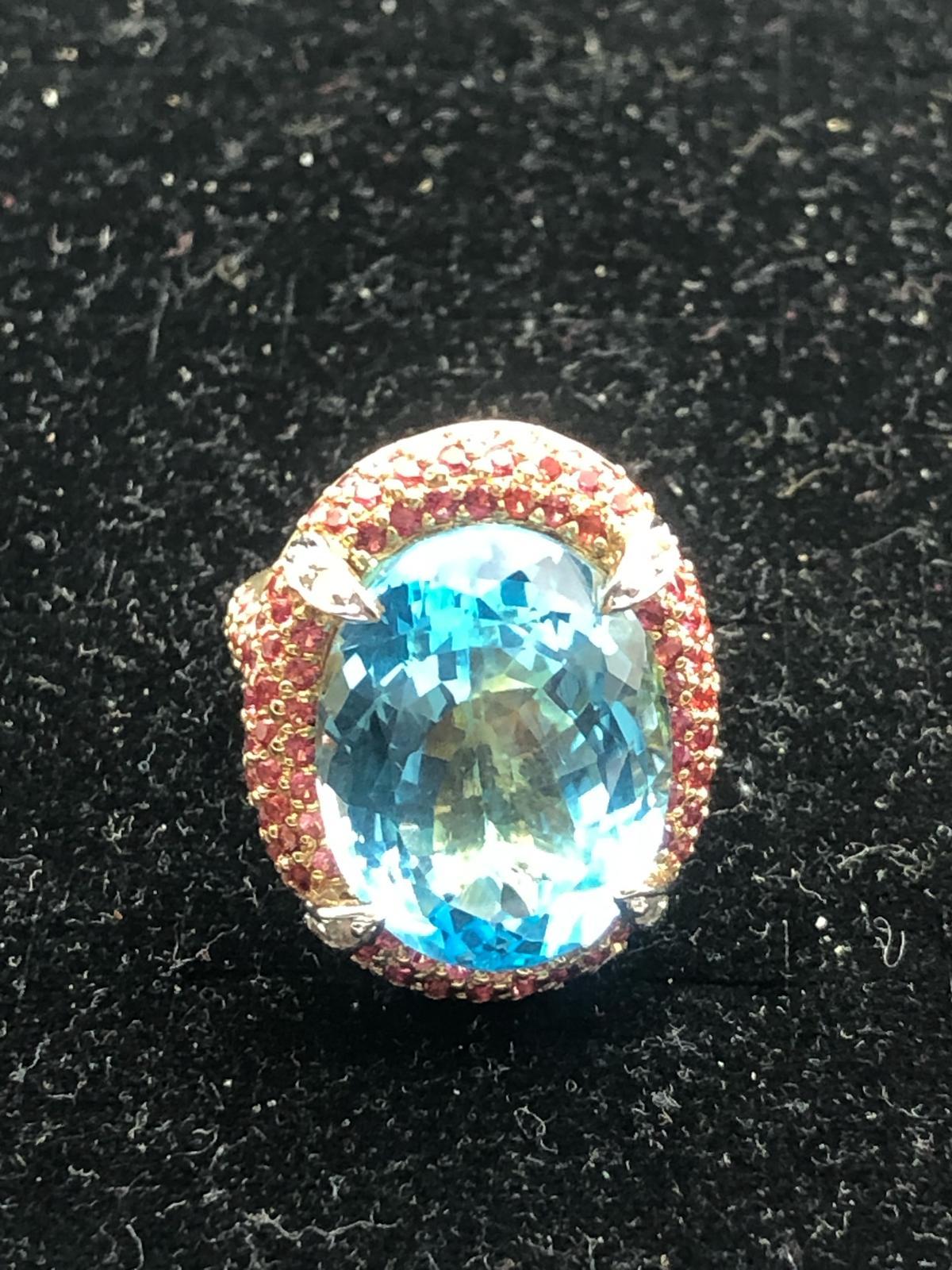 Bochic “Orient” Natural Ruby & Blue Topaz Ring Set In 18K Gold & Silver For Sale 3
