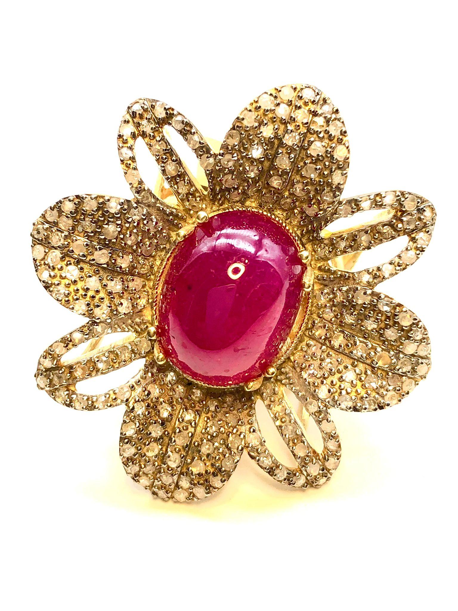 Bochic “Orient” Natural Ruby & Diamond Cocktail Ring Set In 18K Gold & Silver in vendita 8