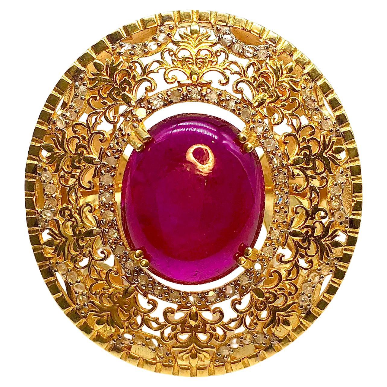 Bochic “Orient” Natural Ruby & Diamond Cocktail Ring Set In 18K Gold & Silver