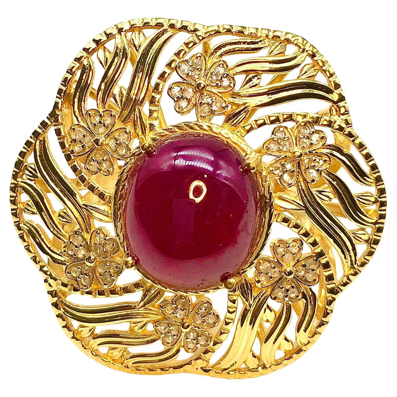 Bochic “Orient” Natural Ruby & Diamond Cocktail Ring Set In 18K Gold & Silver