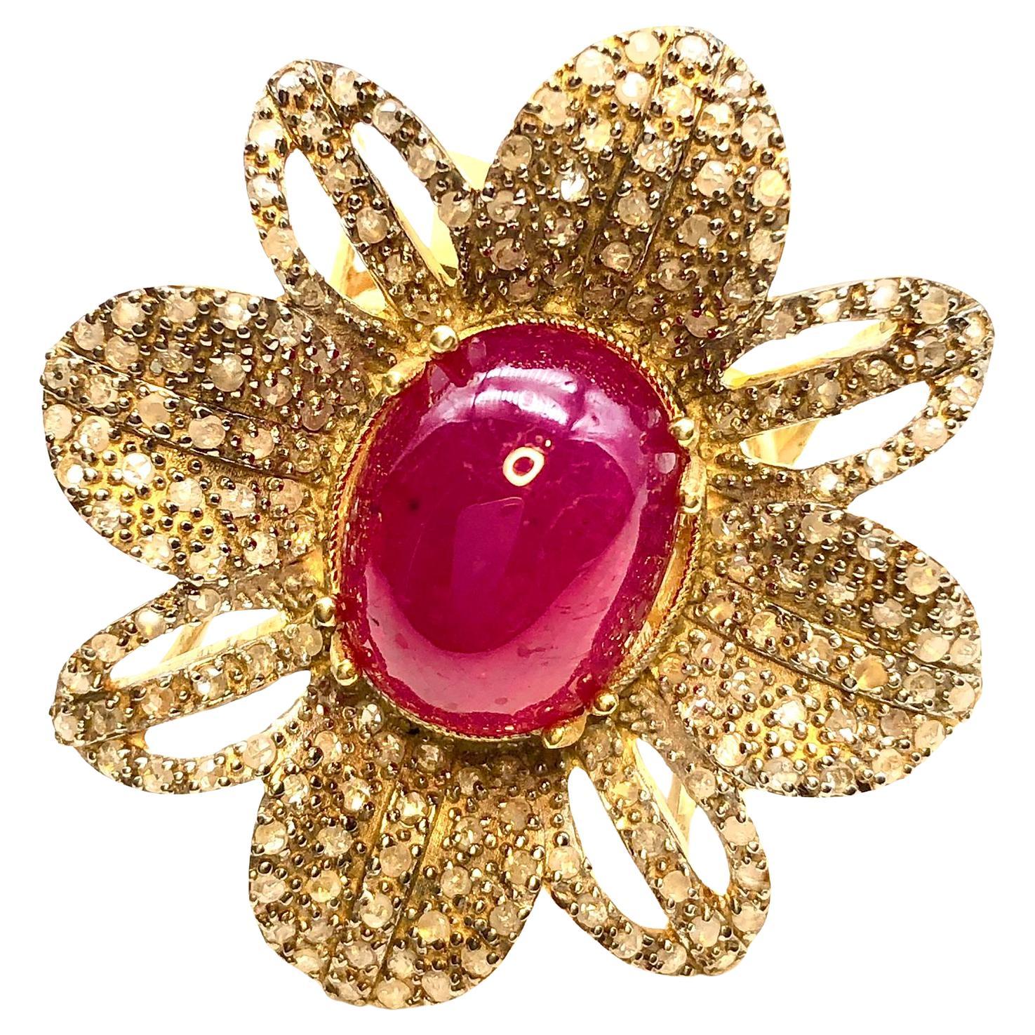 Bochic “Orient” Natural Ruby & Diamond Cocktail Ring Set In 18K Gold & Silver