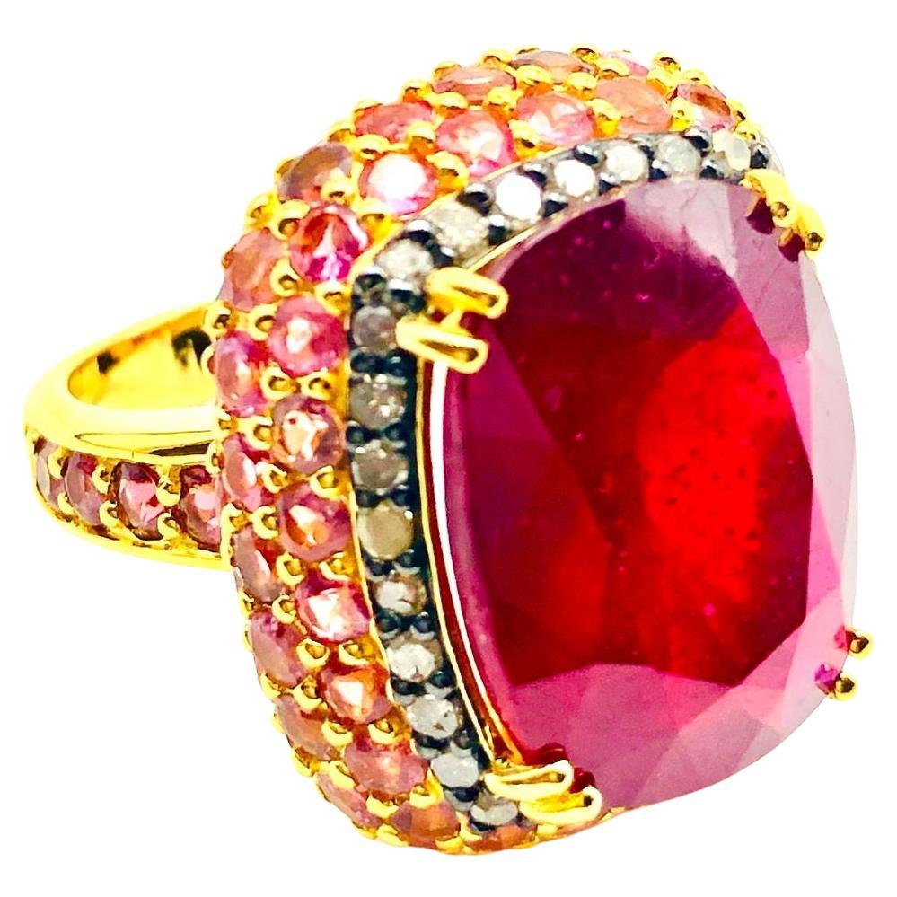 Bochic “Orient” Natural Ruby, Diamond & Pink Sapphire Ring Set 18K Gold & Silver