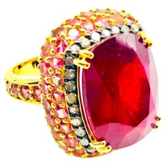 Anello Bochic "Orient" con rubino naturale, diamante e zaffiro rosa in oro e argento 18 carati