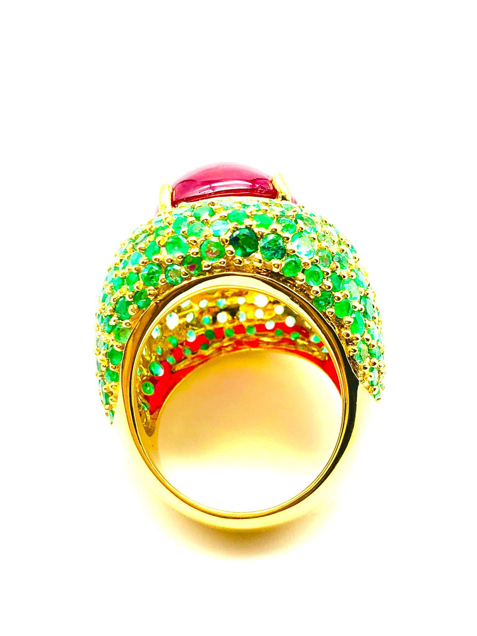Art Deco Bochic “Orient” Natural Ruby & Emerald Cocktail Ring Set In 18K Gold & Silver For Sale