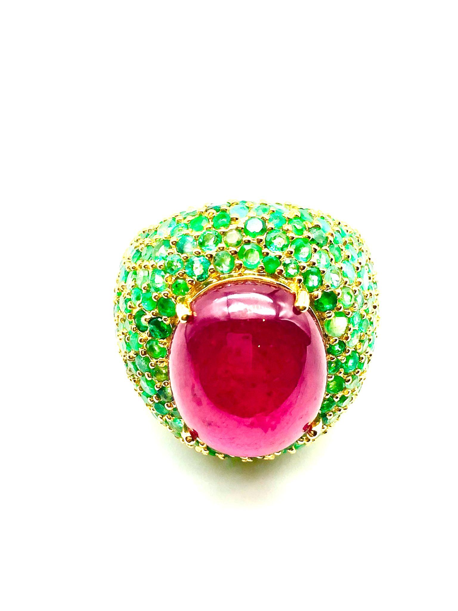 Bochic “Orient” Natural Ruby & Emerald Cocktail Ring Set In 18K Gold & Silver For Sale 2