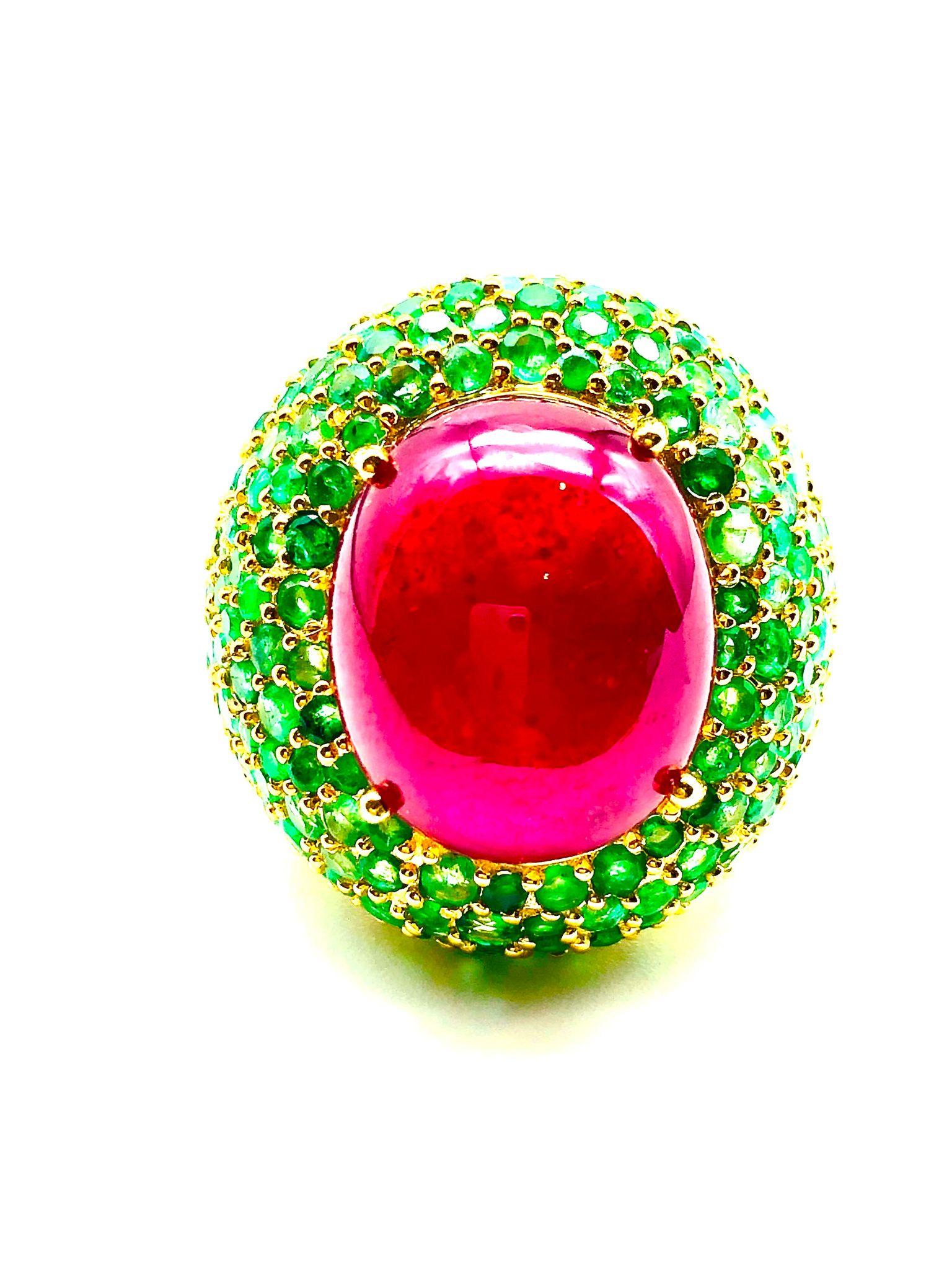 Bochic “Orient” Natural Ruby & Emerald Cocktail Ring Set In 18K Gold & Silver For Sale 3