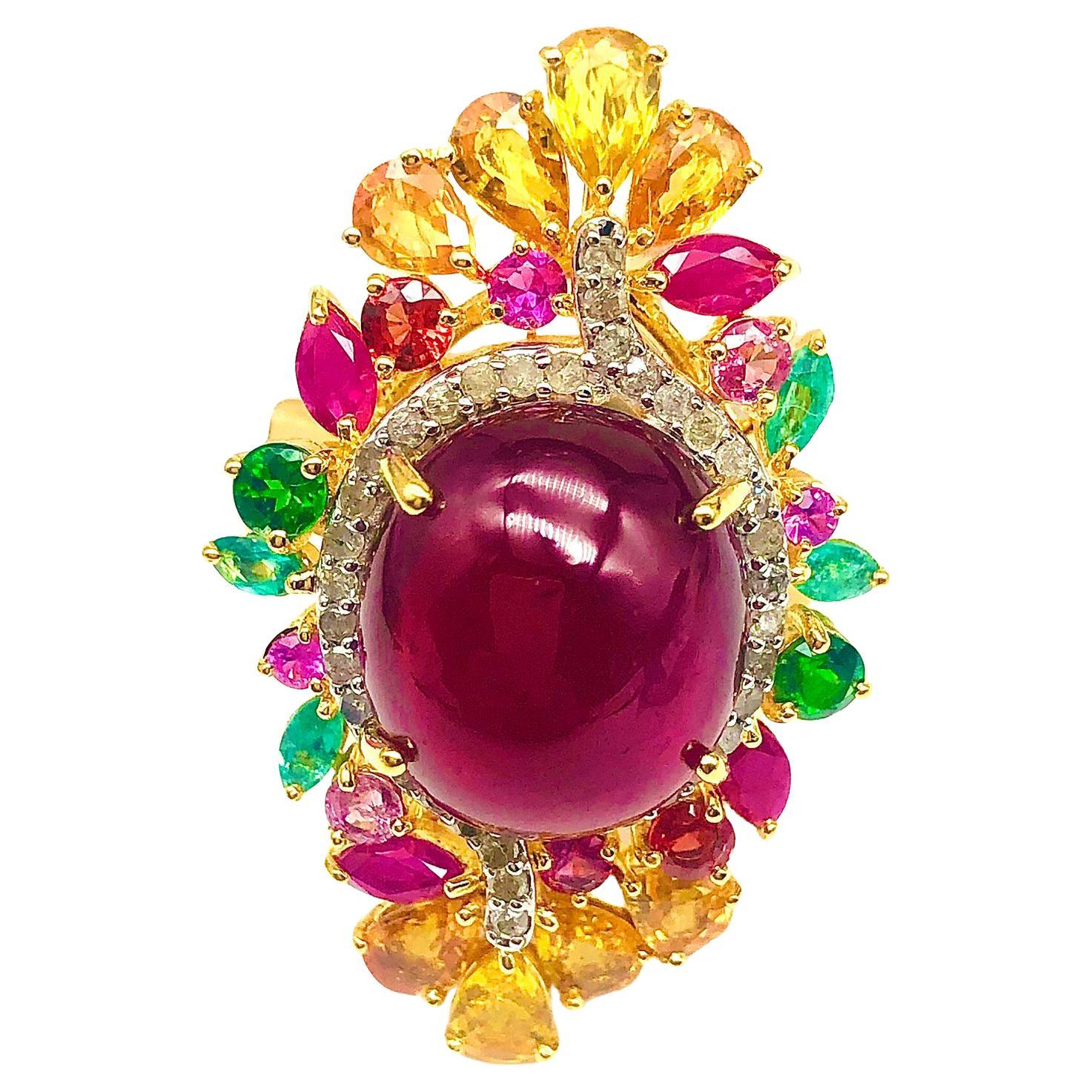 Bochic “Orient” Natural Ruby, Emerald, Sapphire & Diamond Ring Set In 18K & Silv