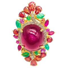 Anello Bochic "Orient" con rubino naturale, smeraldo, zaffiro e diamante incastonati in 18 carati e argento.