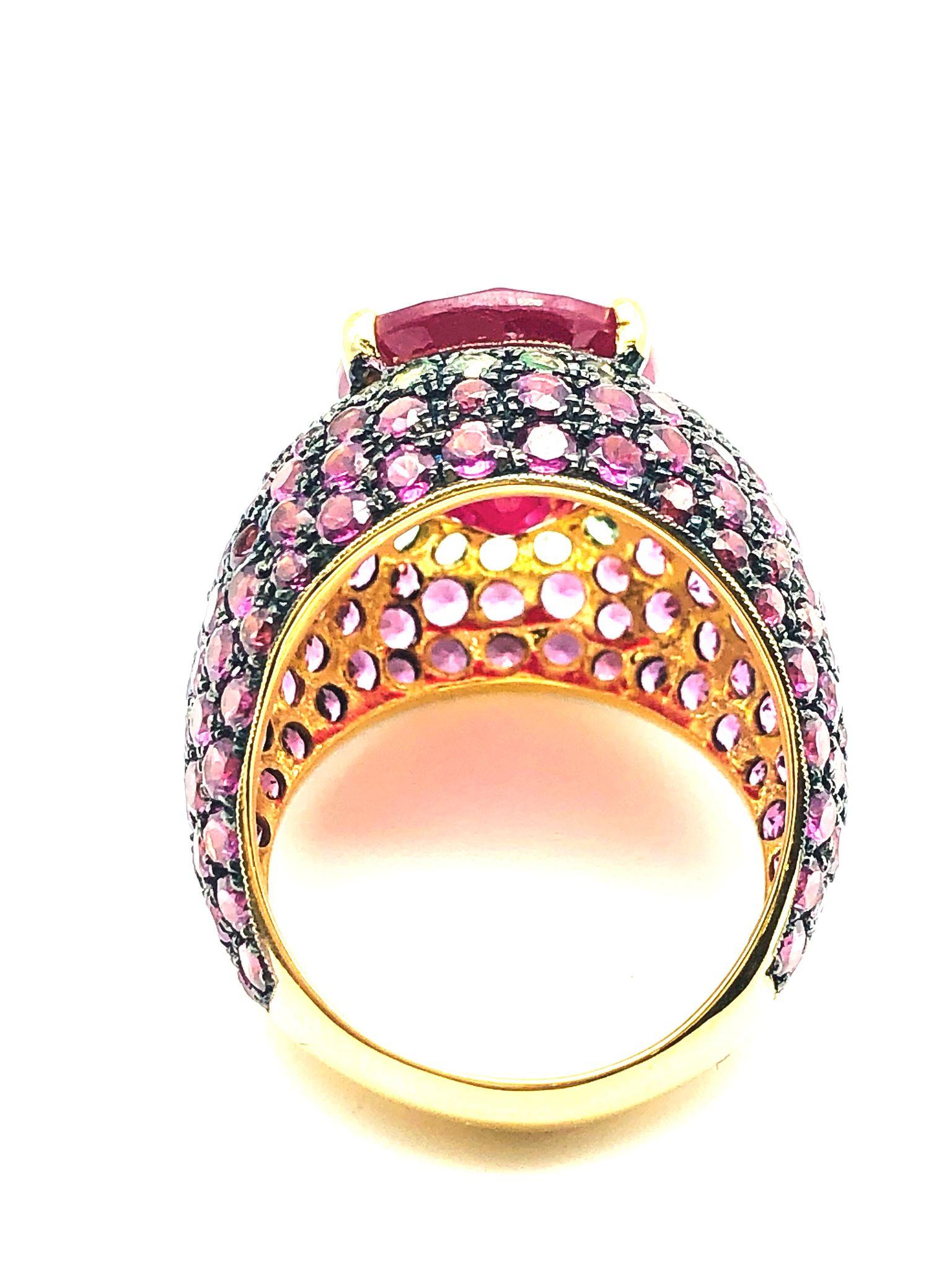 Art Deco Bochic “Orient” Natural Ruby, Emerald & Sapphire Ring Set In 18K Gold & Silver For Sale