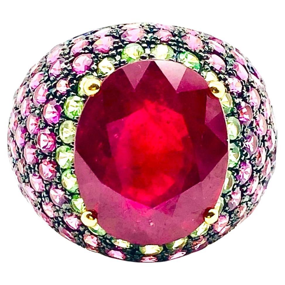 Bochic “Orient” Natural Ruby, Emerald & Sapphire Ring Set In 18K Gold & Silver