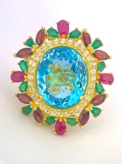 Bochic “Orient” Vintage Ruby, Garnet & Emerald Ring Set In 18 K Gold & Silver