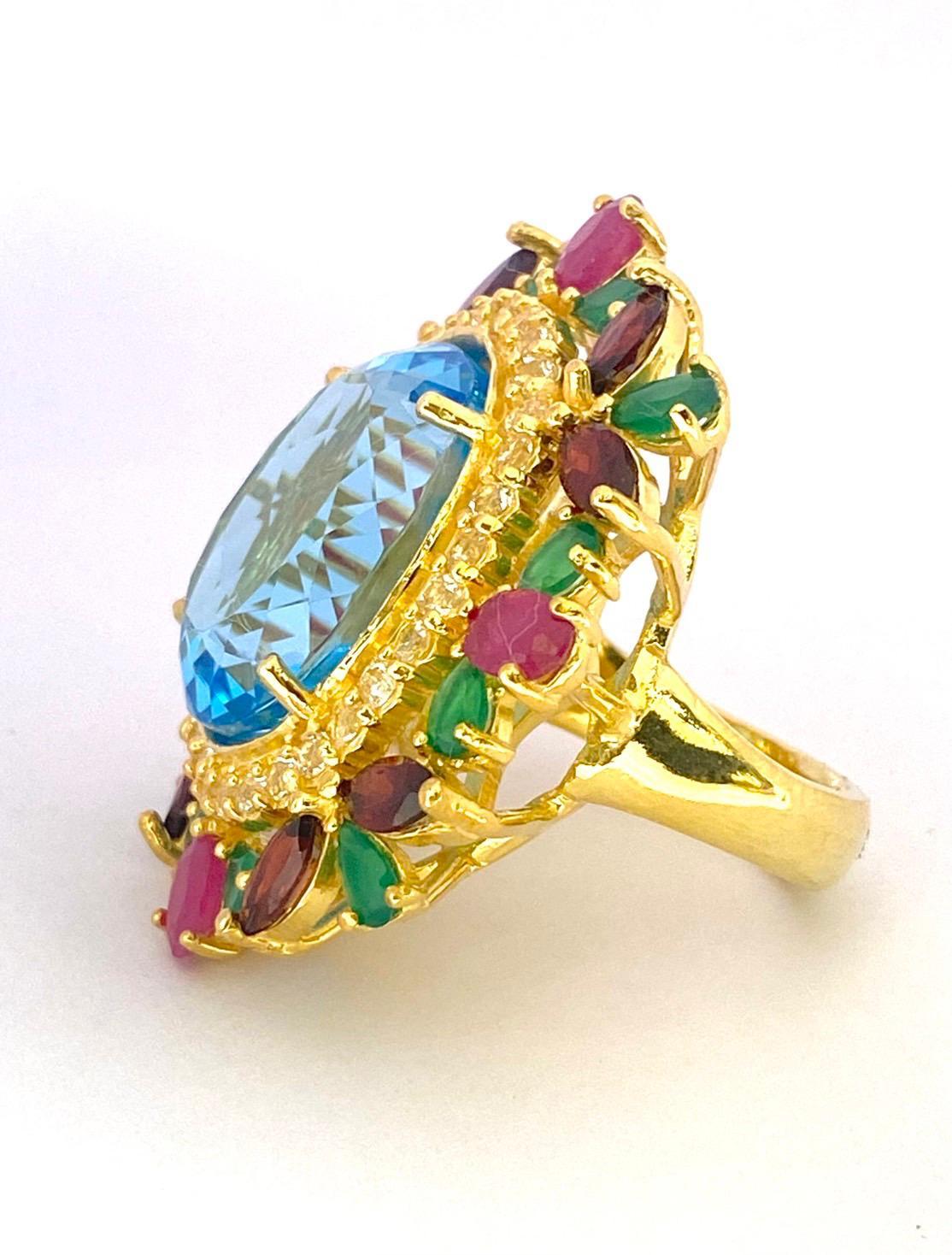 Bochic Orient Natürliche Rubin, Granat & Smaragd Ring Set in 18 K Gold & Silber (Brillantschliff) im Angebot