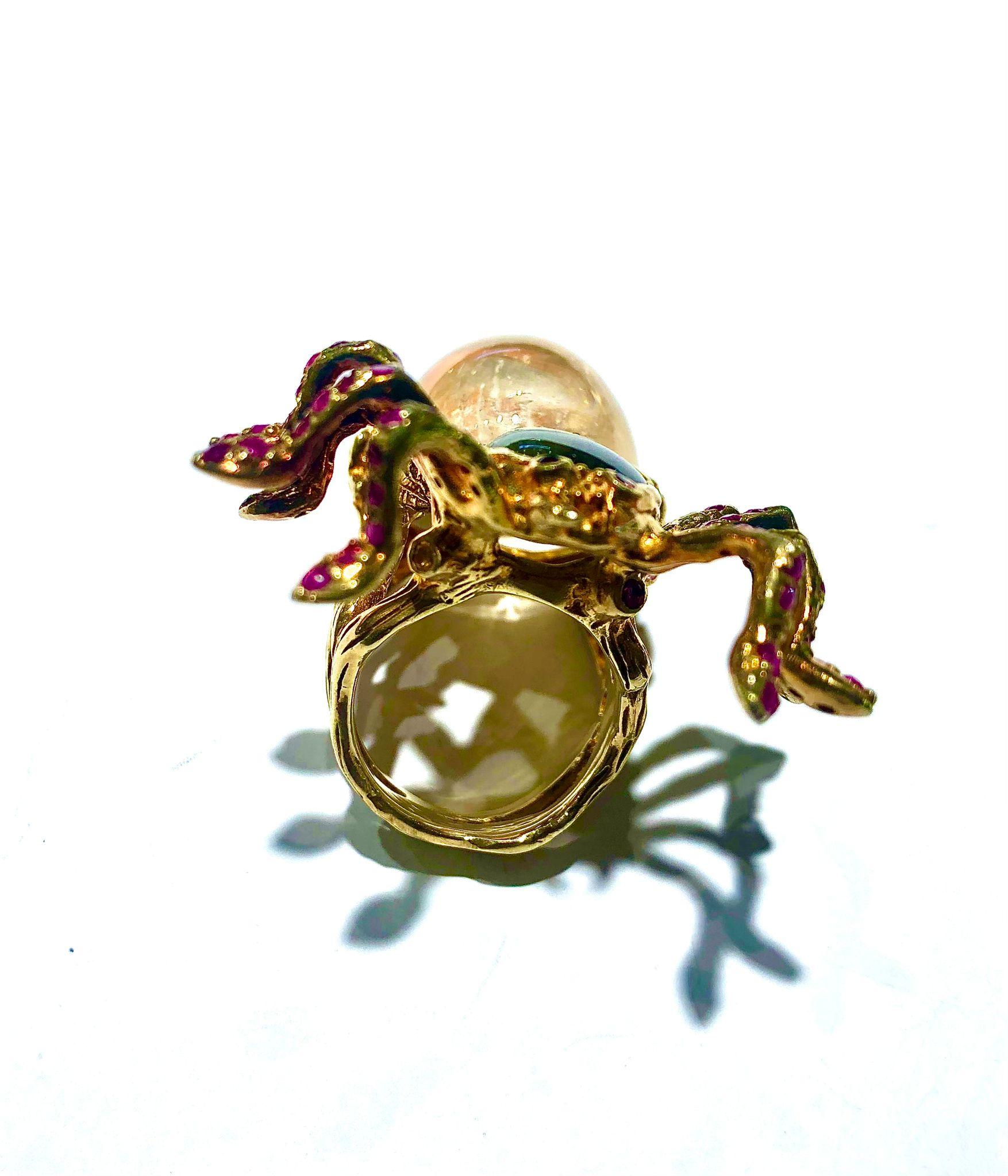 Retro Bochic “Orient” Natural Ruby & Green Tourmaline Ring Set In 18K Gold&Silver For Sale