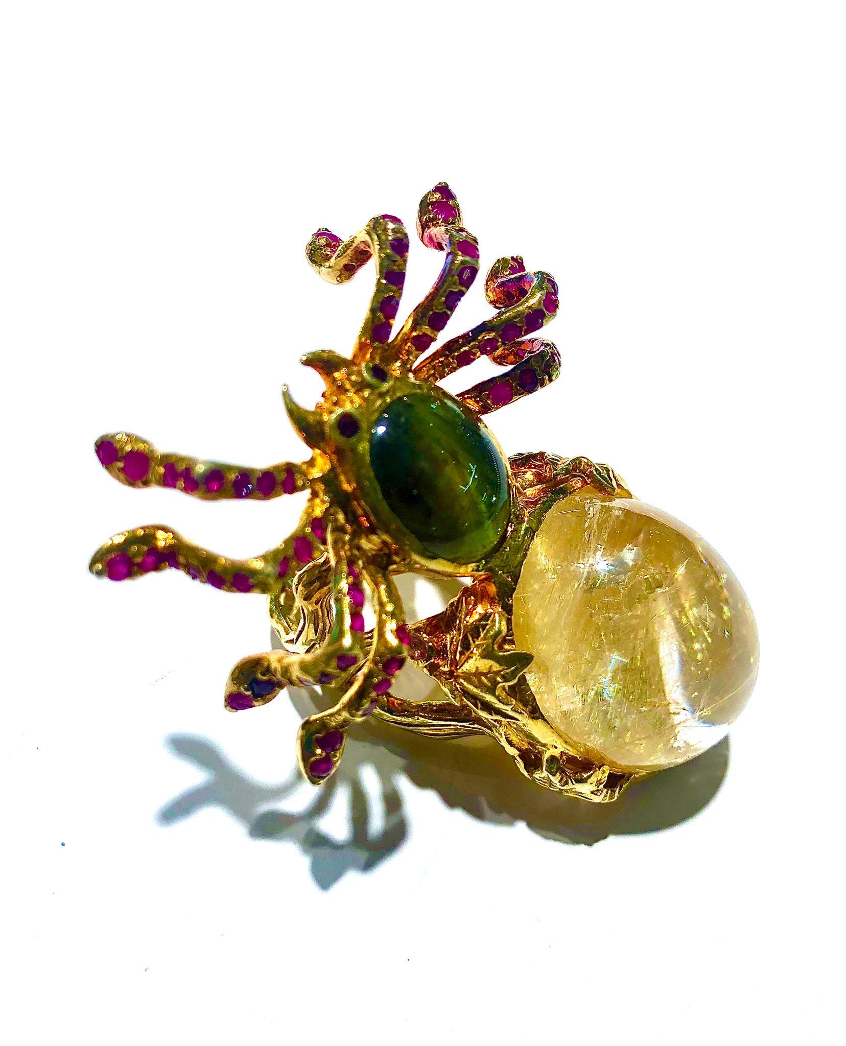 Cabochon Bochic “Orient” Natural Ruby & Green Tourmaline Ring Set In 18K Gold&Silver For Sale