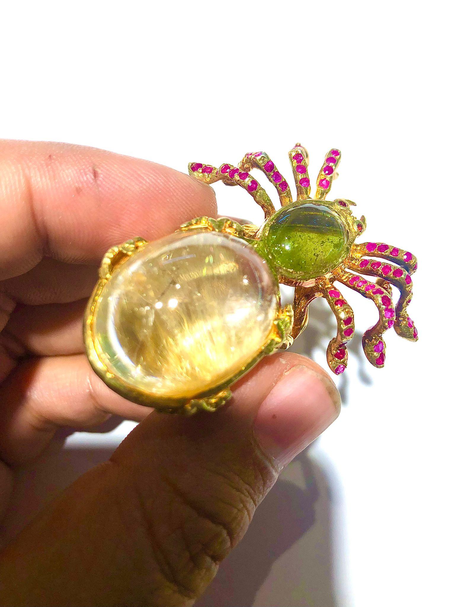 Bochic “Orient” Natural Ruby & Green Tourmaline Ring Set In 18K Gold&Silver In New Condition For Sale In New York, NY