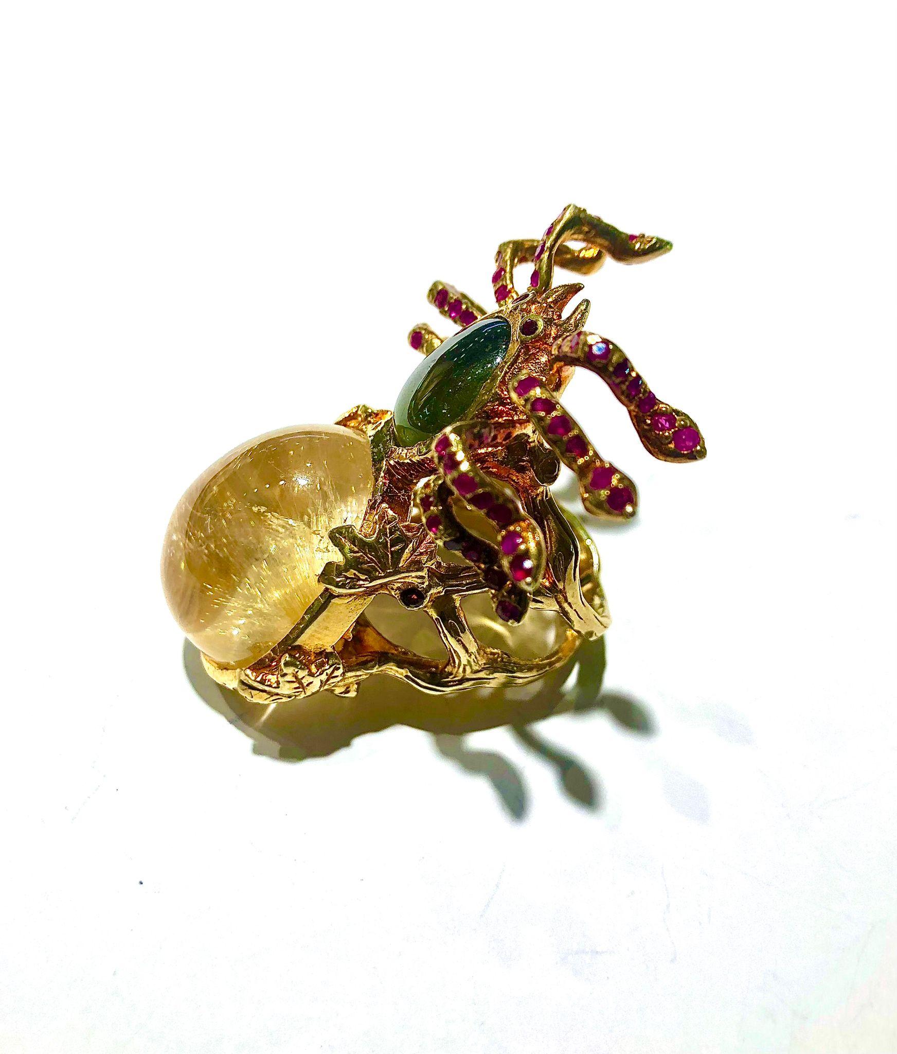 Women's or Men's Bochic “Orient” Natural Ruby & Green Tourmaline Ring Set In 18K Gold&Silver For Sale