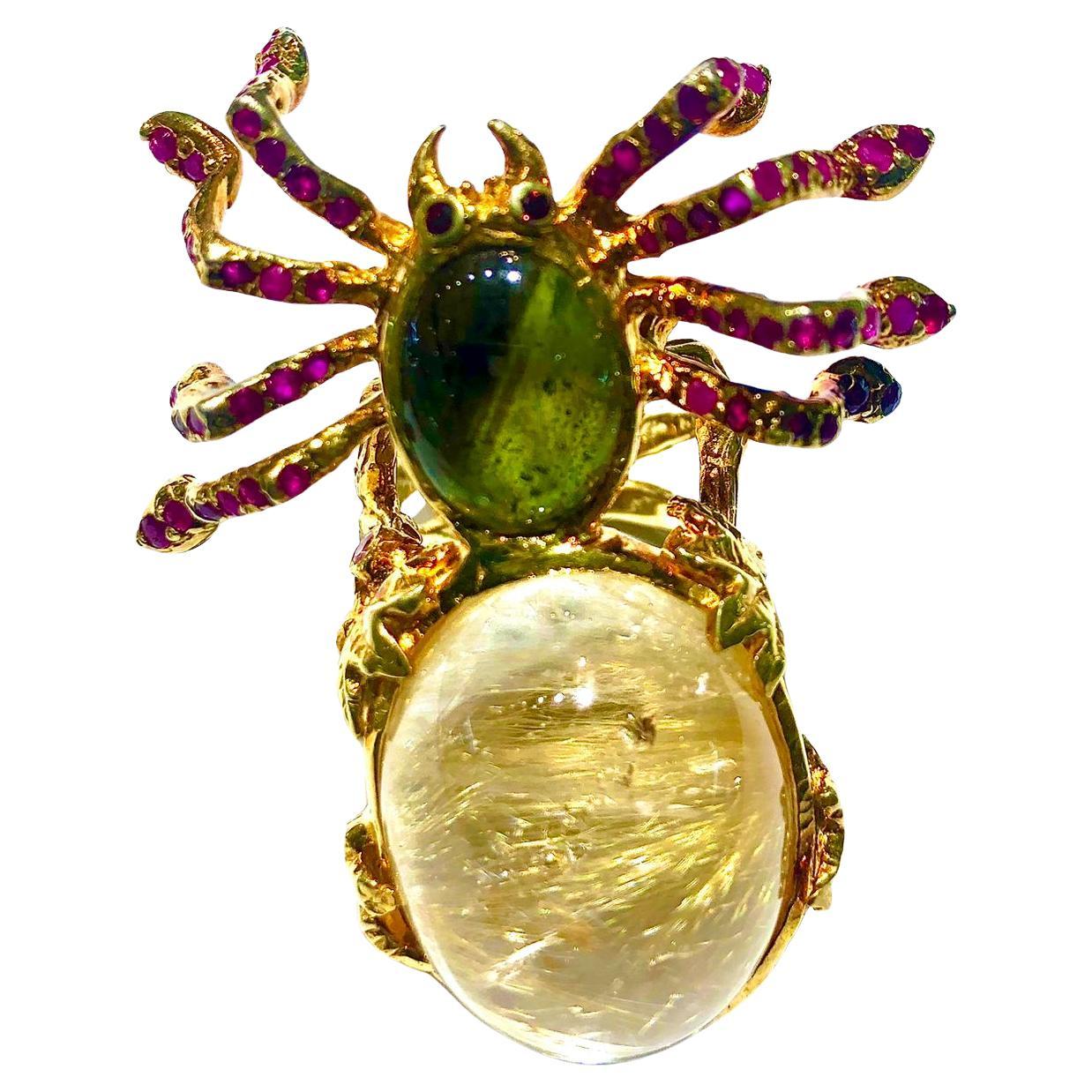 Bochic “Orient” Natural Ruby & Green Tourmaline Ring Set In 18K Gold&Silver For Sale