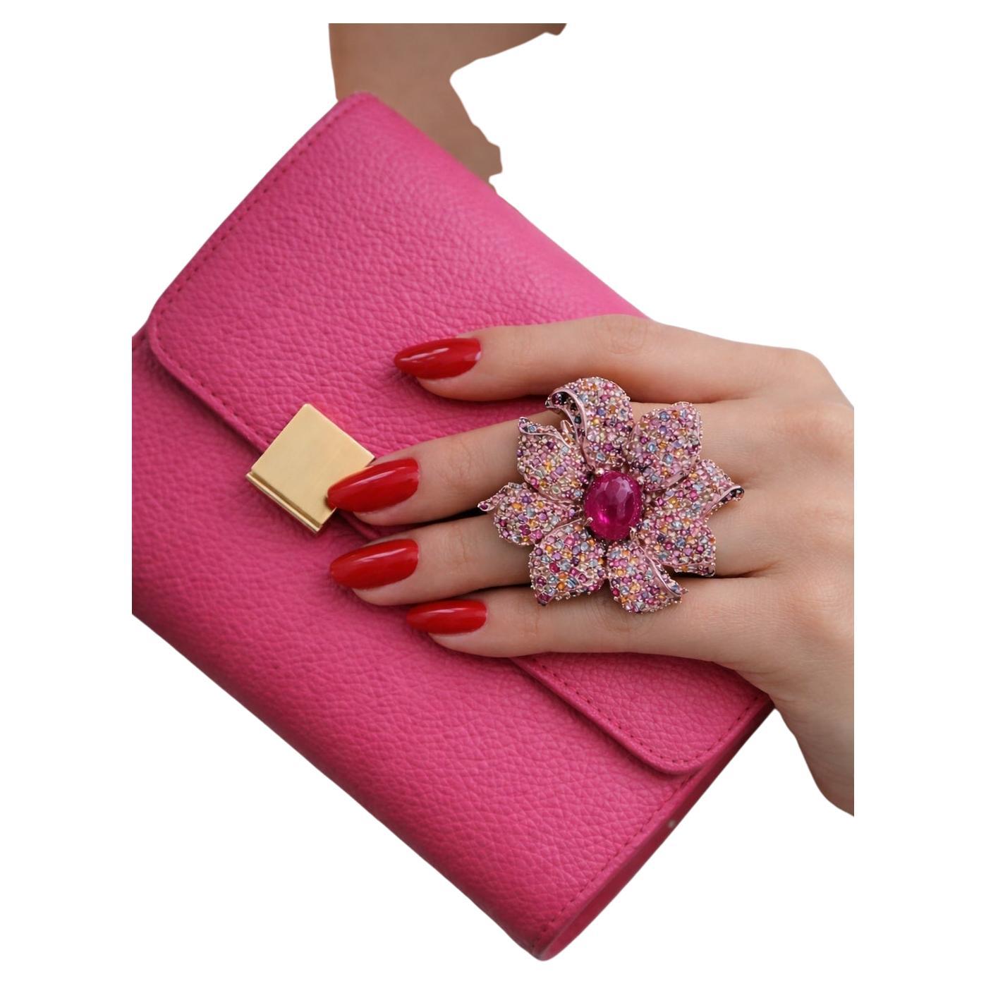 Bochic “Orient” Natural Ruby 
Multi Sapphire Cocktail Ring Set 18K Gold&Silver en vente