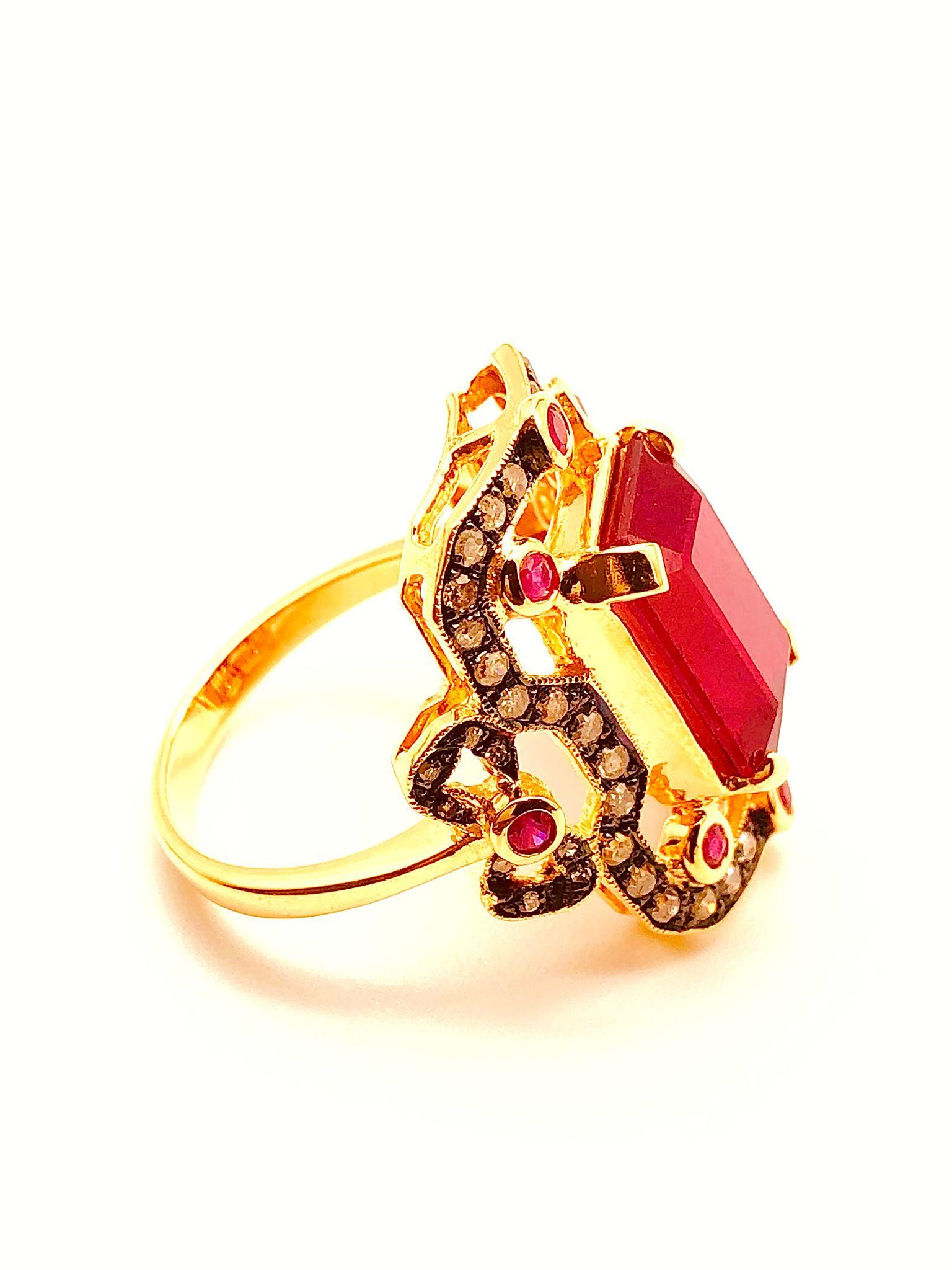 Bochic “Orient” Natural Ruby & Natural Diamond Ring Set In 18 K Gold & Silver For Sale 5