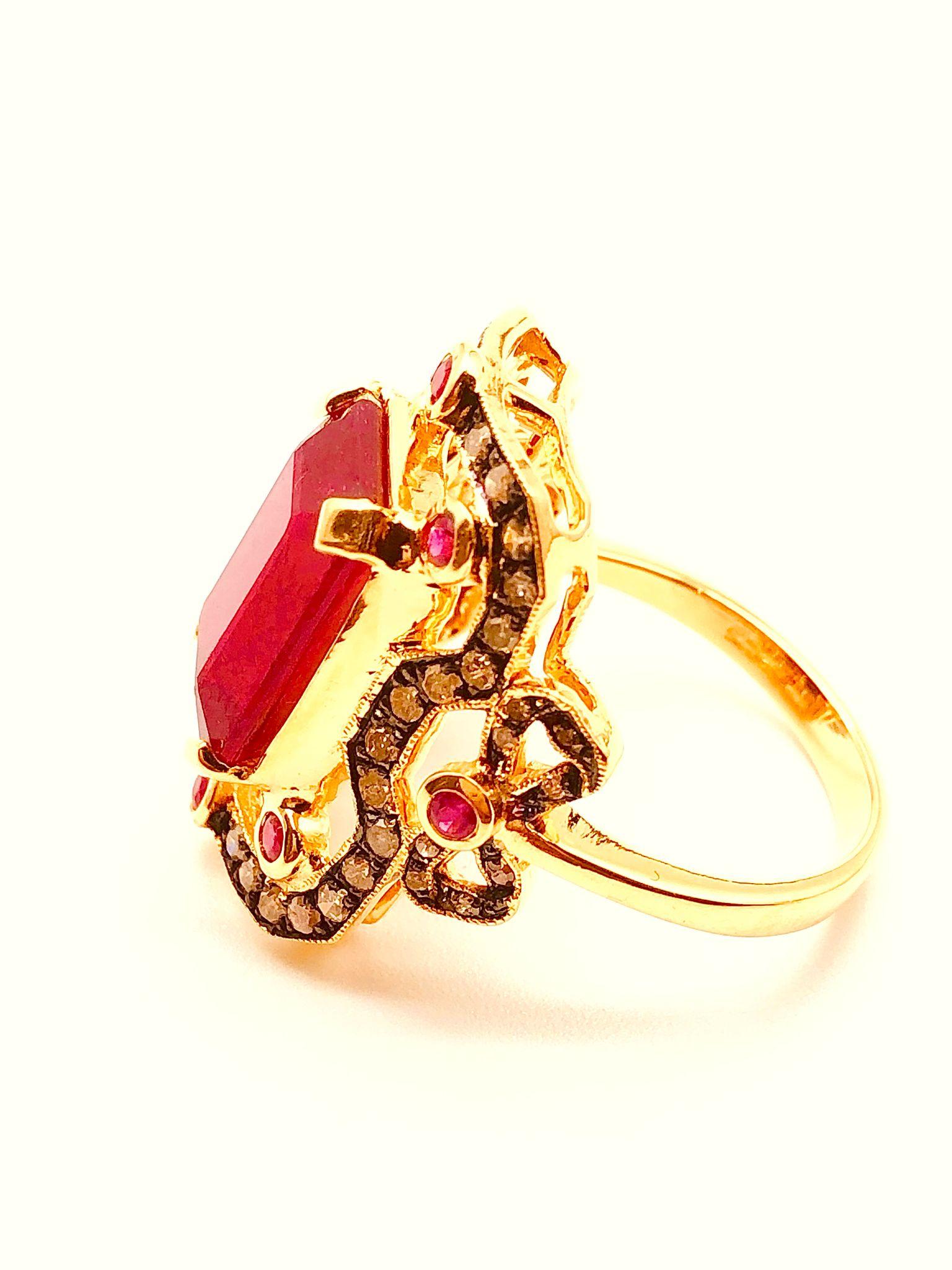 Bochic “Orient” Natural Ruby & Natural Diamond Ring Set In 18 K Gold & Silver For Sale 2