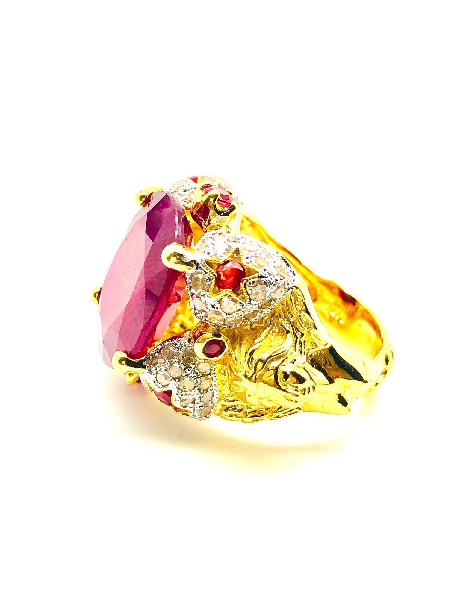 Baroque Bochic “Orient” Natural Ruby & Natural Diamond Ring Set In 18K Gold & Silver For Sale