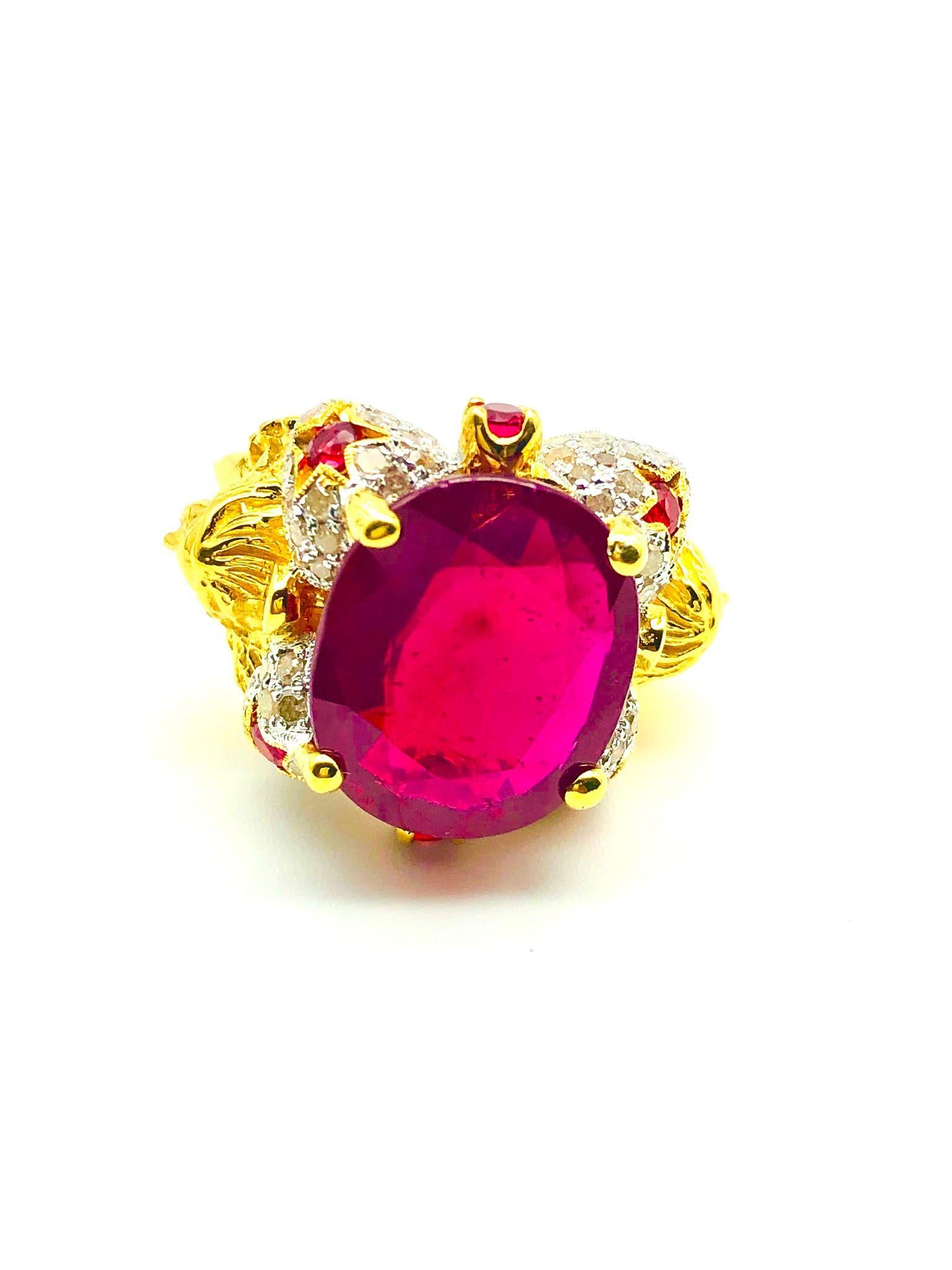 Bochic “Orient” Natural Ruby & Natural Diamond Ring Set In 18K Gold & Silver For Sale 2
