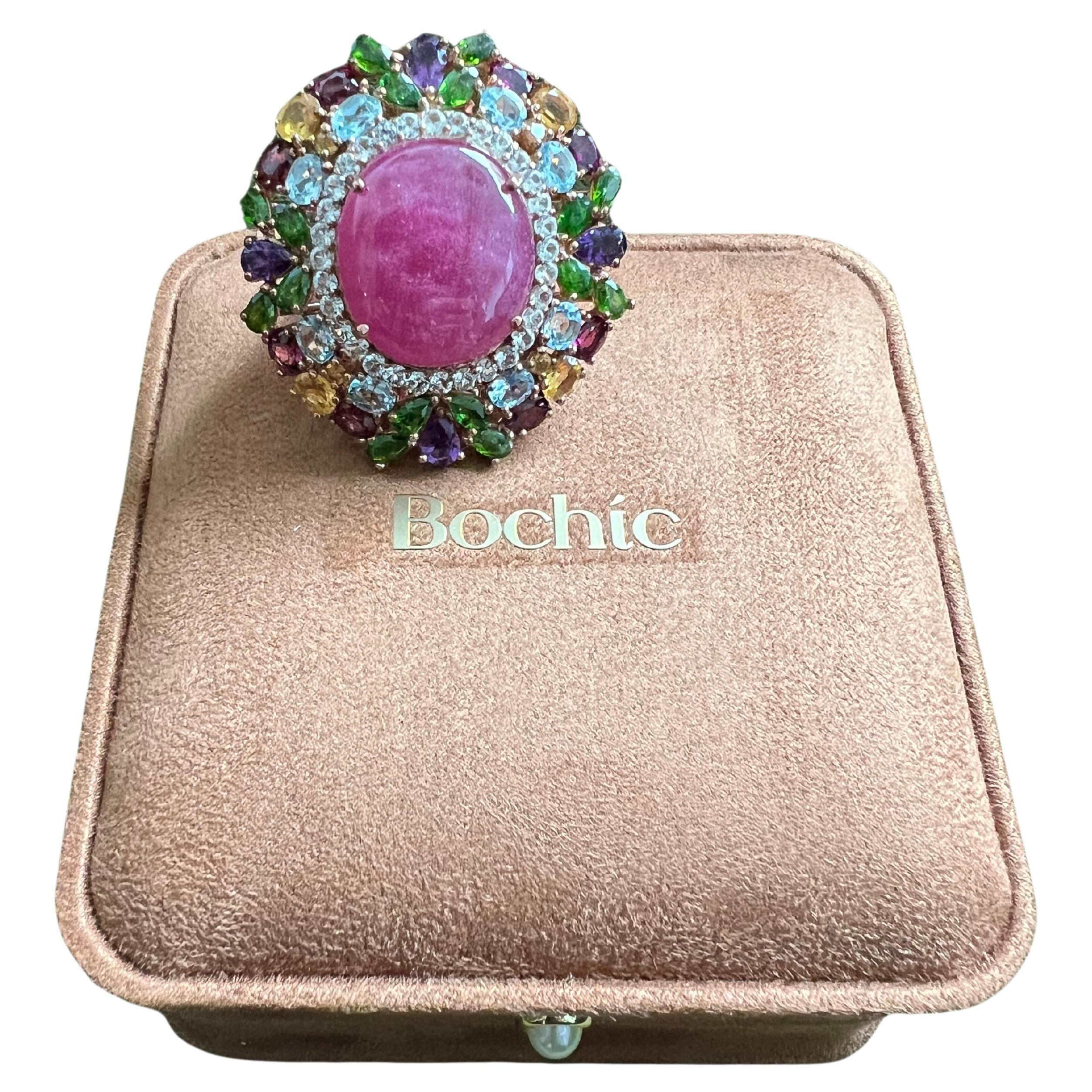Bochic “Orient” Natural Ruby & Natural Multi Gem Ring Set In 18K Gold & Silver