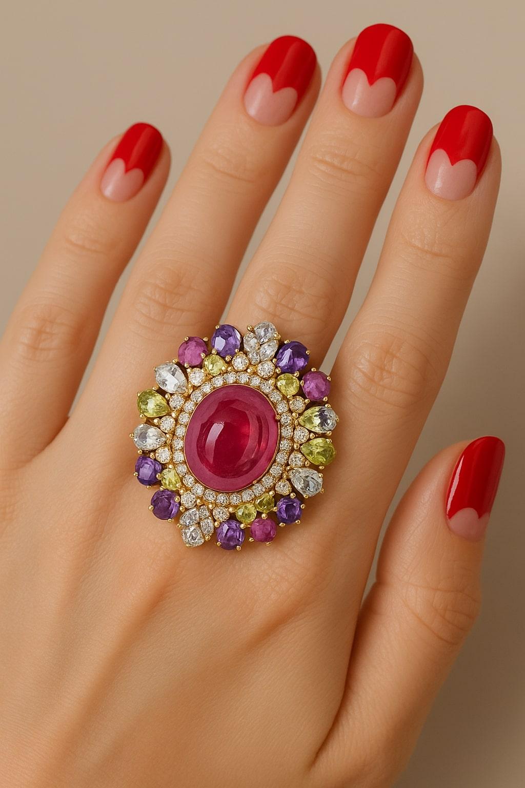 Bochic “Orient” Natural Ruby, Peridot & Amethyst Ring Set In 18 K Gold & Silver For Sale 5