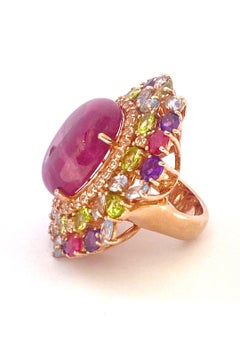 Bochic “Orient” Natural Ruby, Peridot & Amethyst Ring Set In 18 K Gold & Silver