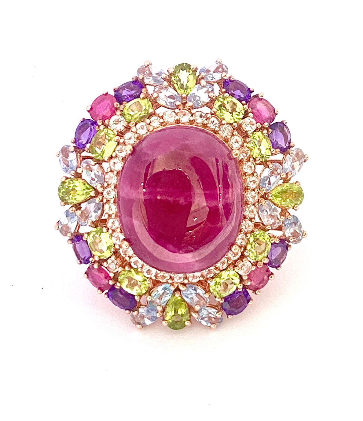Baroque Bochic “Orient” Natural Ruby, Peridot & Amethyst Ring Set In 18 K Gold & Silver For Sale