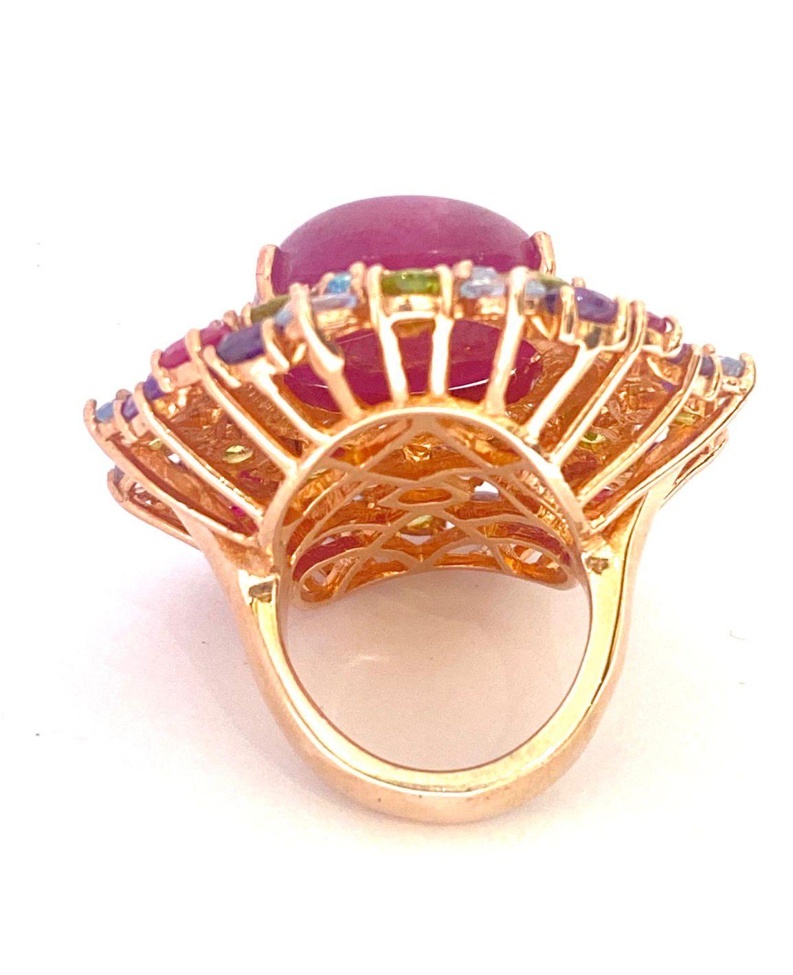 Brilliant Cut Bochic “Orient” Natural Ruby, Peridot & Amethyst Ring Set In 18 K Gold & Silver For Sale