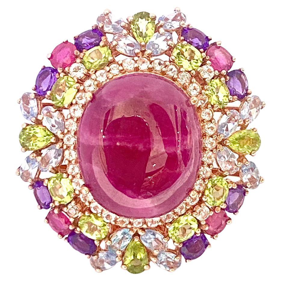 Bochic “Orient” Natural Ruby, Peridot & Amethyst Ring Set In 18 K Gold & Silver For Sale