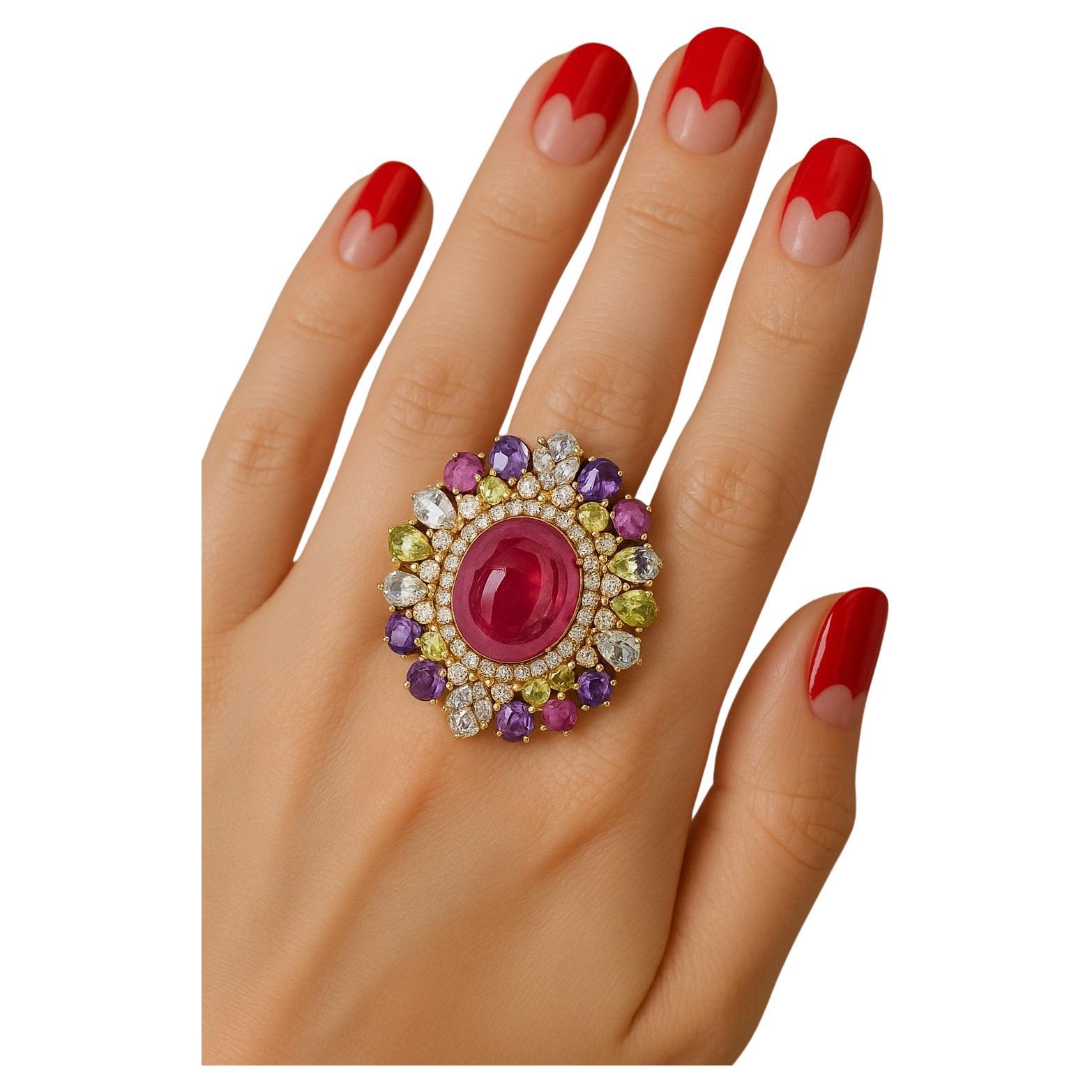 Bochic “Orient” Natural Ruby, Peridot 
Amethyst Ring Set In 18 K Gold 
Silver For Sale