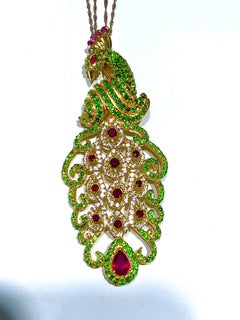 Bochic “Orient” Natural Ruby & Peridot Peacock Brooch/Pendant Set 18K & Silver