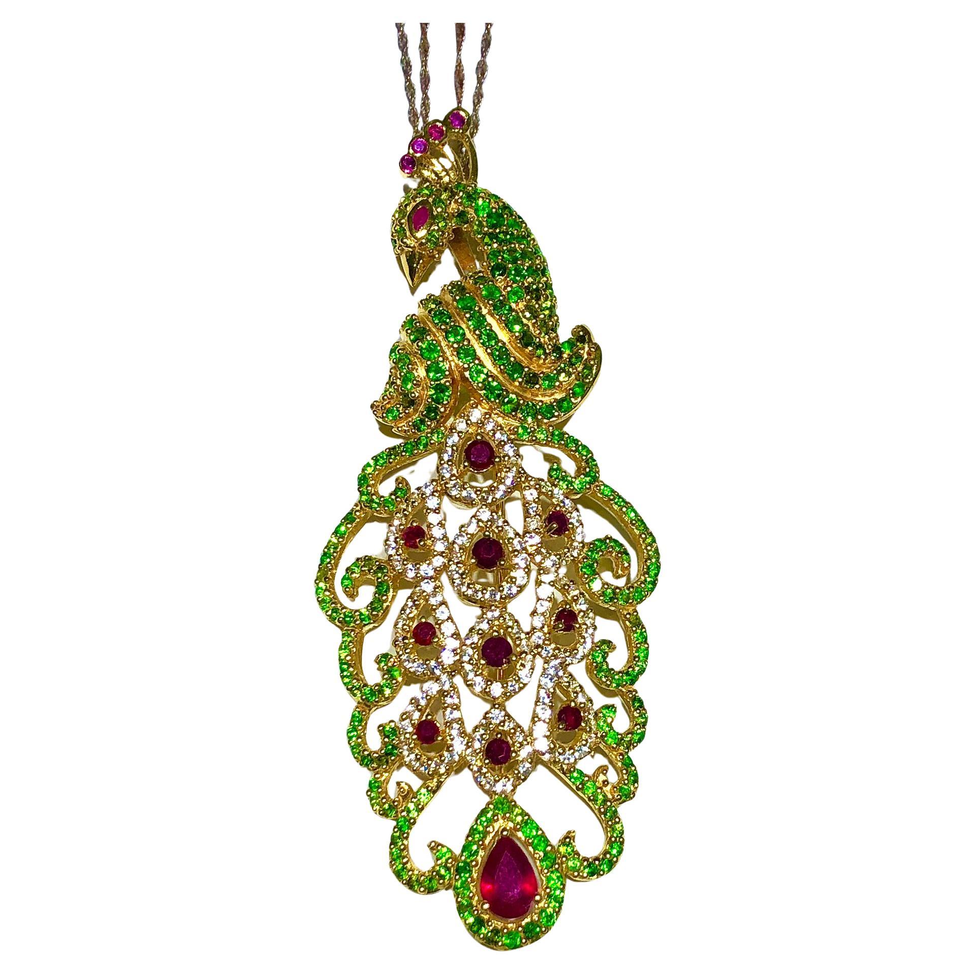 Bochic “Orient” Natural Ruby & Peridot Peacock Brooch/Pendant Set 18K & Silver