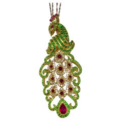 Bochic “Orient” Natural Ruby & Peridot Peacock Brooch/Pendant Set 18K & Silver