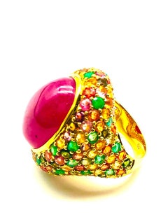 Bochic “Orient” Vintage Ruby, Sapphire & Emerald Ring Set In 18K Gold & Silver