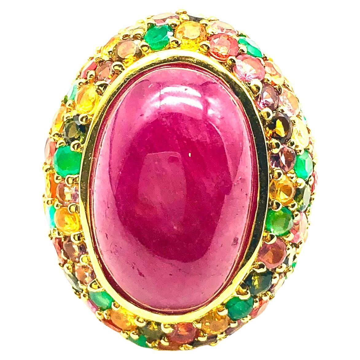 Anillo Bochic "Orient" de rubí natural, zafiro y esmeralda engastado en oro de 18 quilates y plata