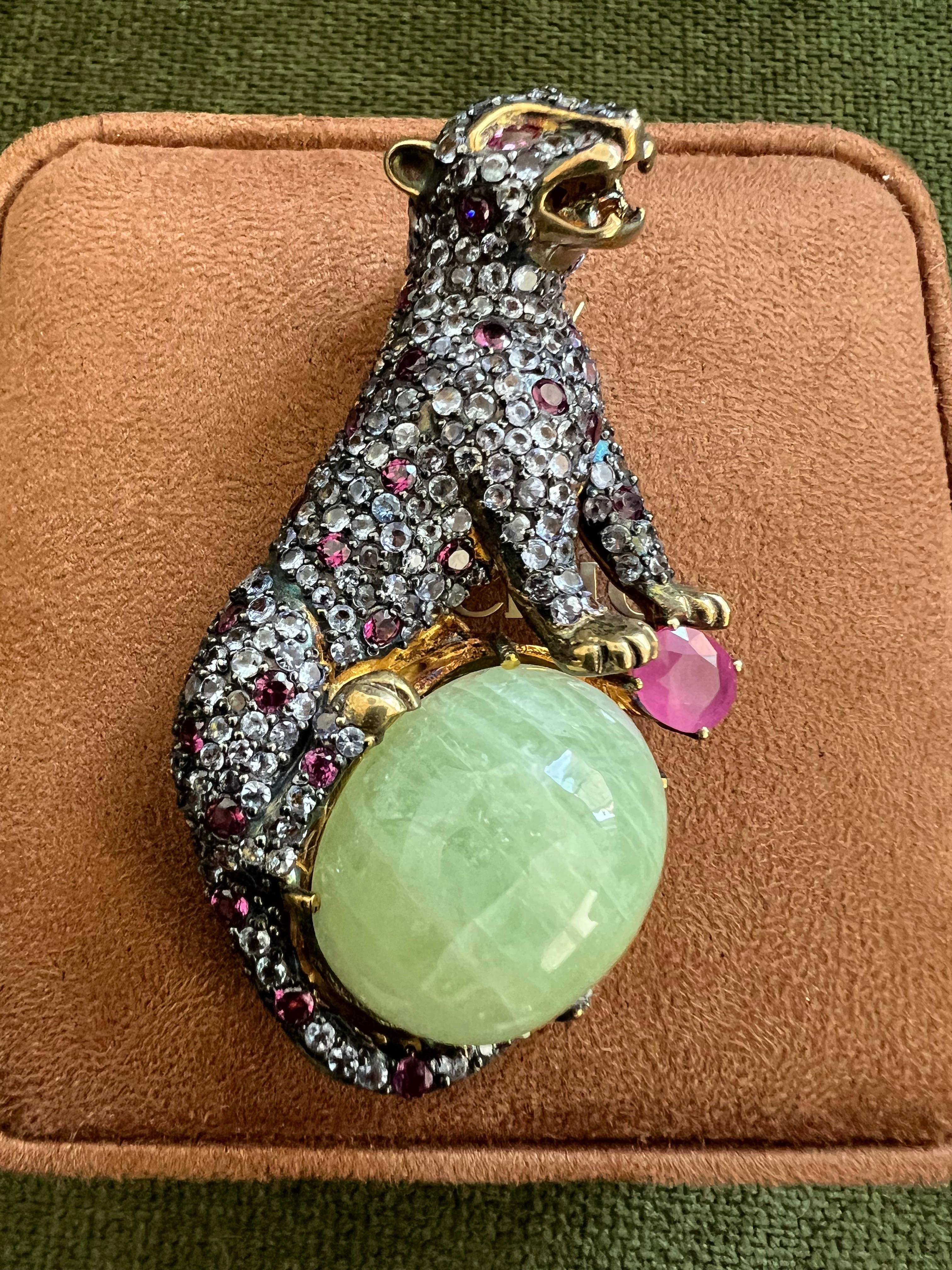 Bochic “Orient” Natural Ruby, Sapphire & Green Jade Brooch or Pendent Set In 18K For Sale 4