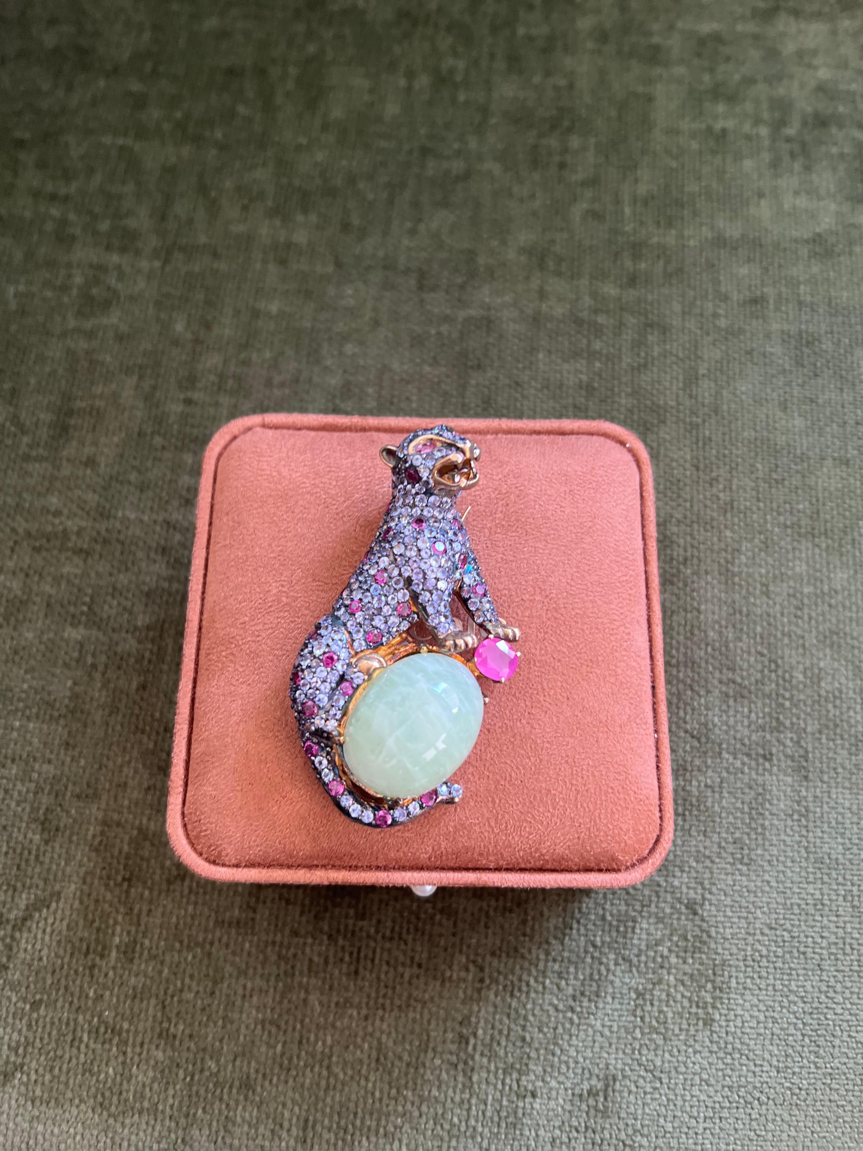 Bochic “Orient” Natural Ruby, Sapphire & Green Jade Brooch or Pendent Set In 18K For Sale 6