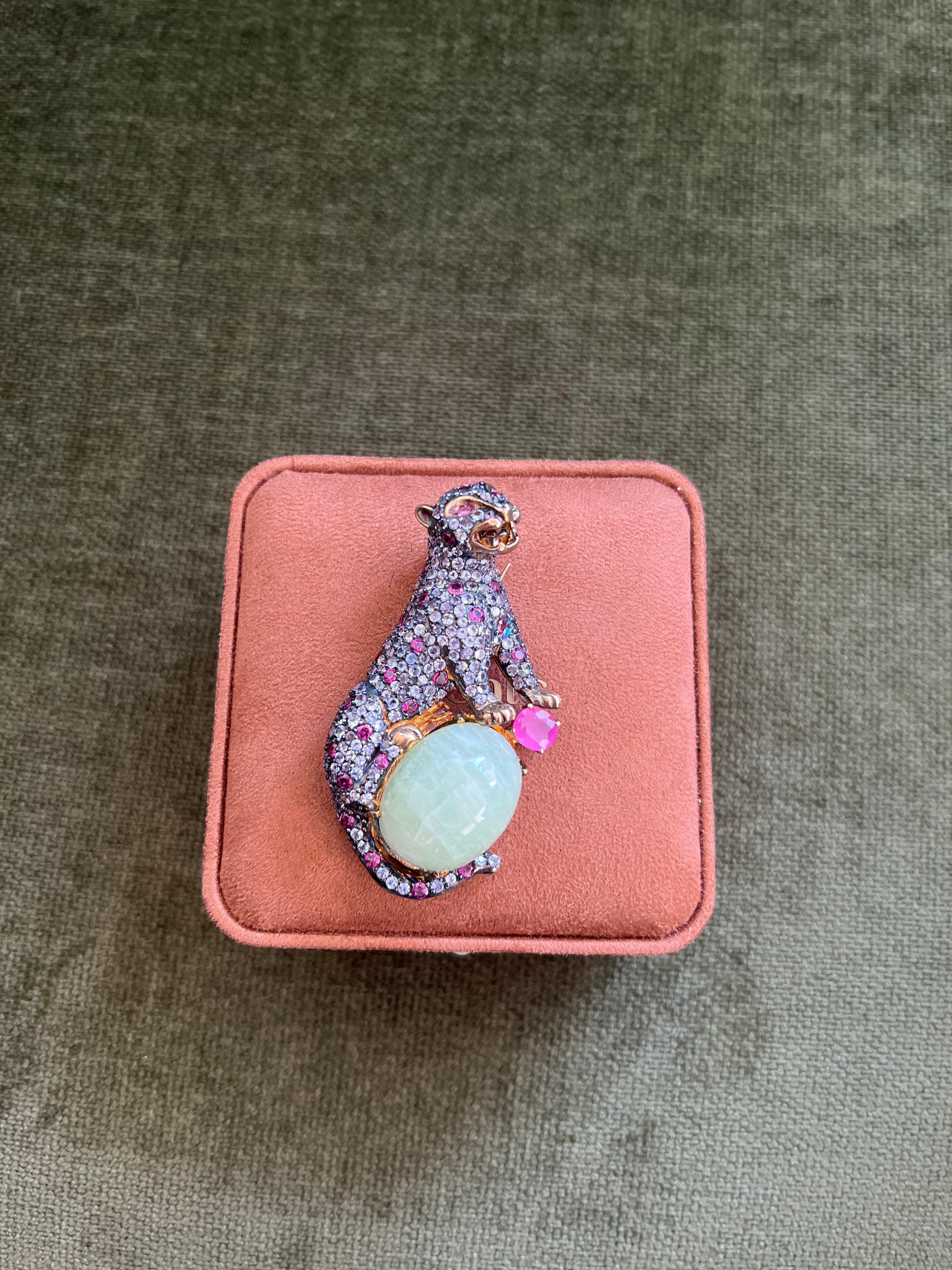 Bochic “Orient” Natural Ruby, Sapphire & Green Jade Brooch or Pendent Set In 18K For Sale 7