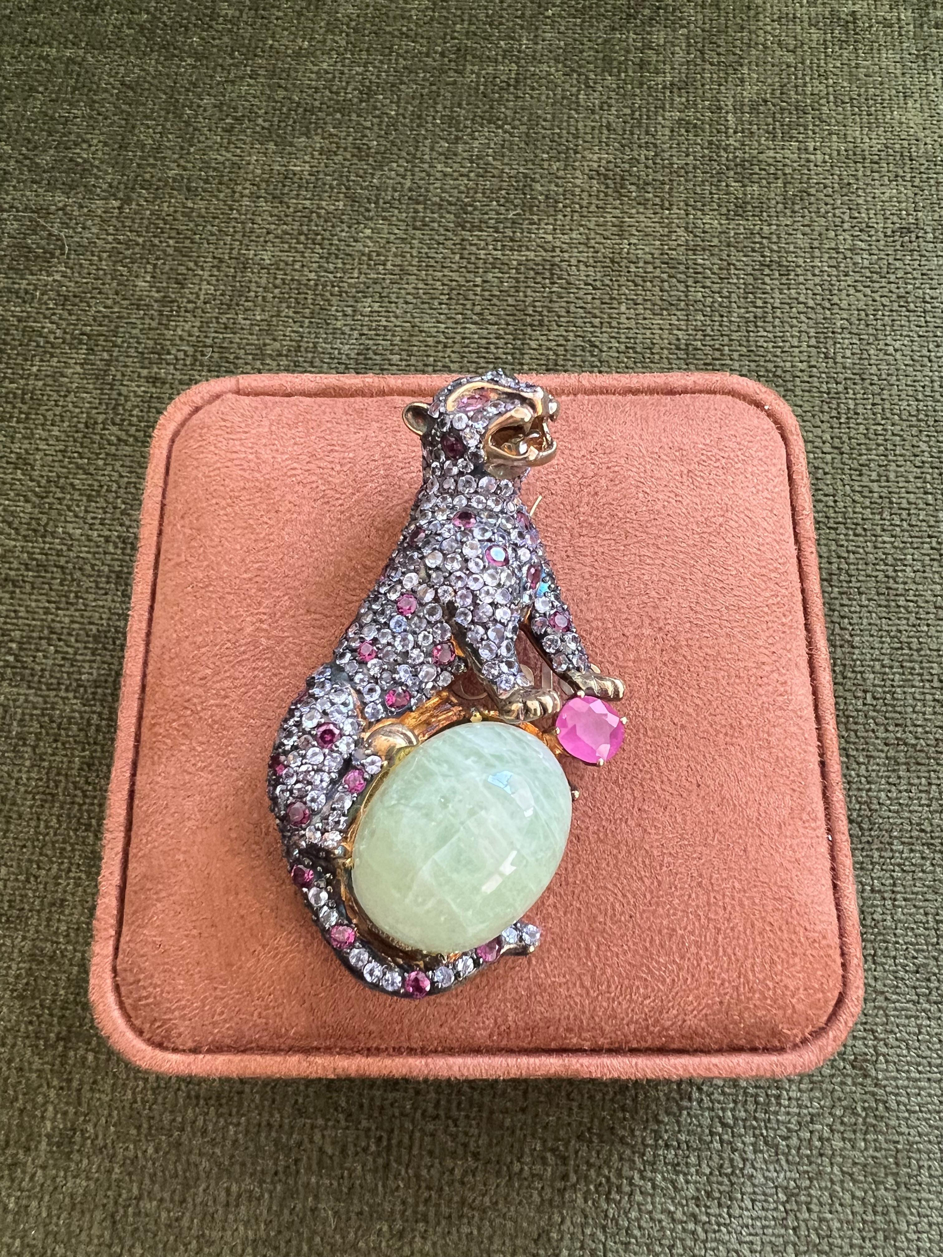 Bochic “Orient” Natural Ruby, Sapphire & Green Jade Brooch or Pendent Set In 18K For Sale 8