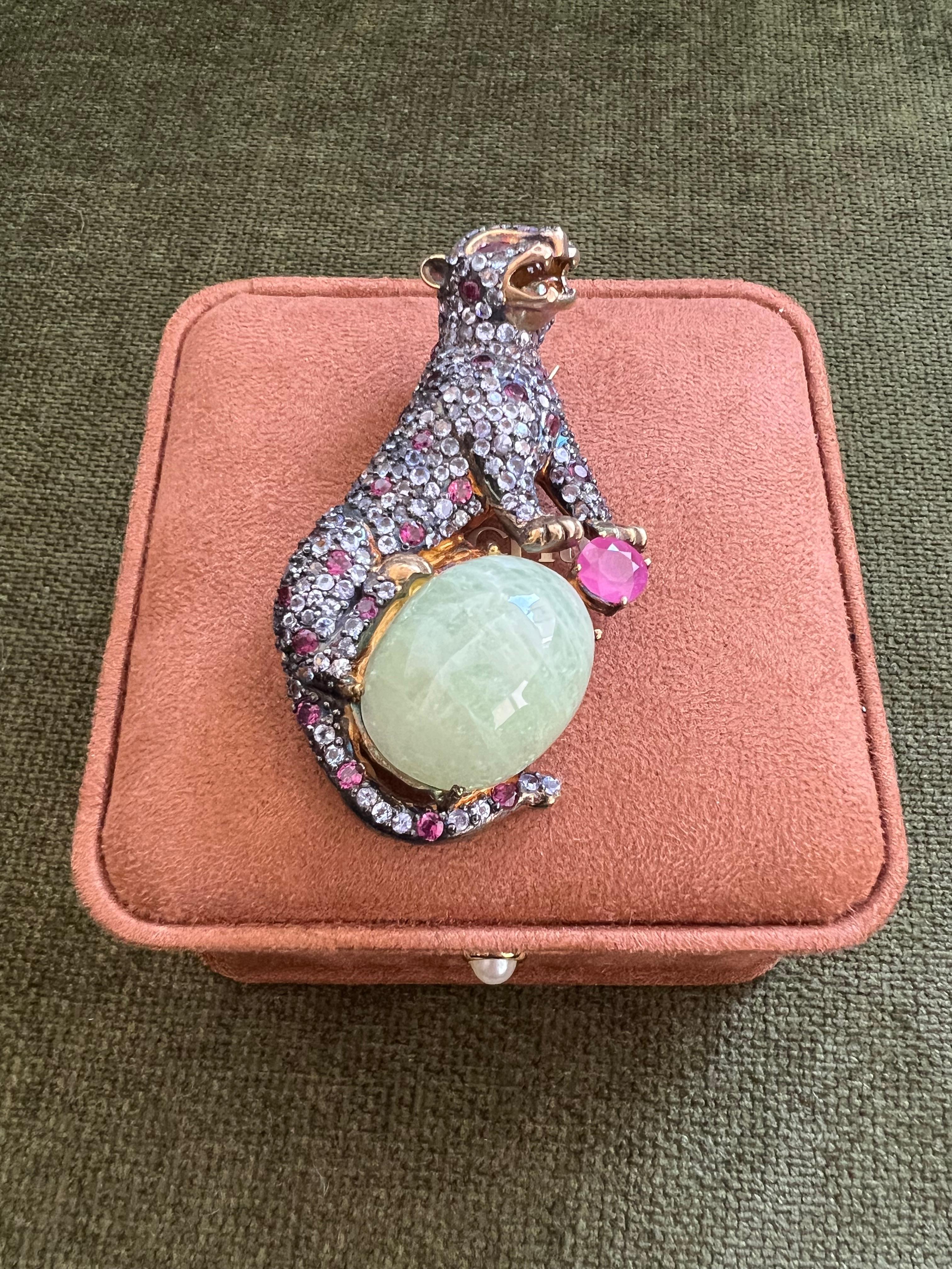 Bochic “Orient” Natural Ruby, Sapphire & Green Jade Brooch or Pendent Set In 18K For Sale 9