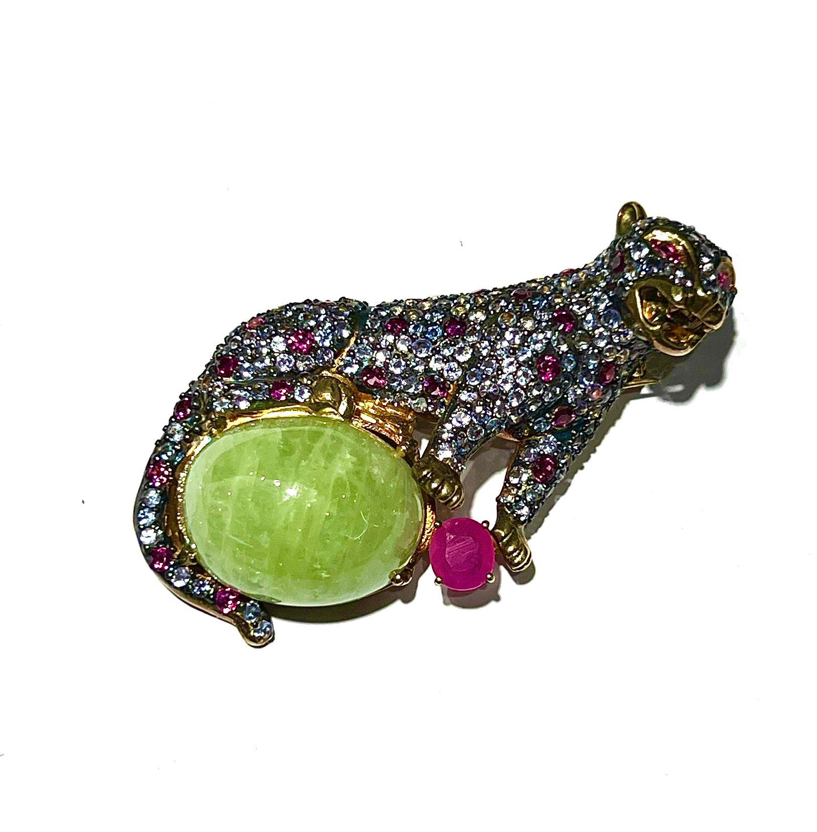 Baroque Revival Bochic “Orient” Natural Ruby, Sapphire & Green Jade Brooch or Pendent Set In 18K For Sale