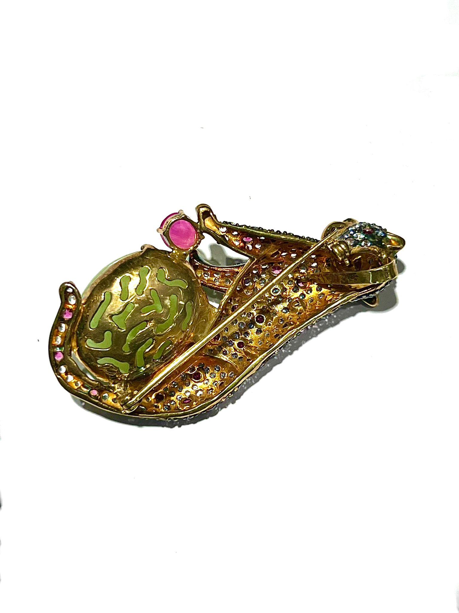 Brilliant Cut Bochic “Orient” Natural Ruby, Sapphire & Green Jade Brooch or Pendent Set In 18K For Sale
